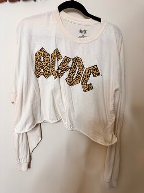 AC/DC White Crop Long Sleeve Tee with Leopard-Print Logo
